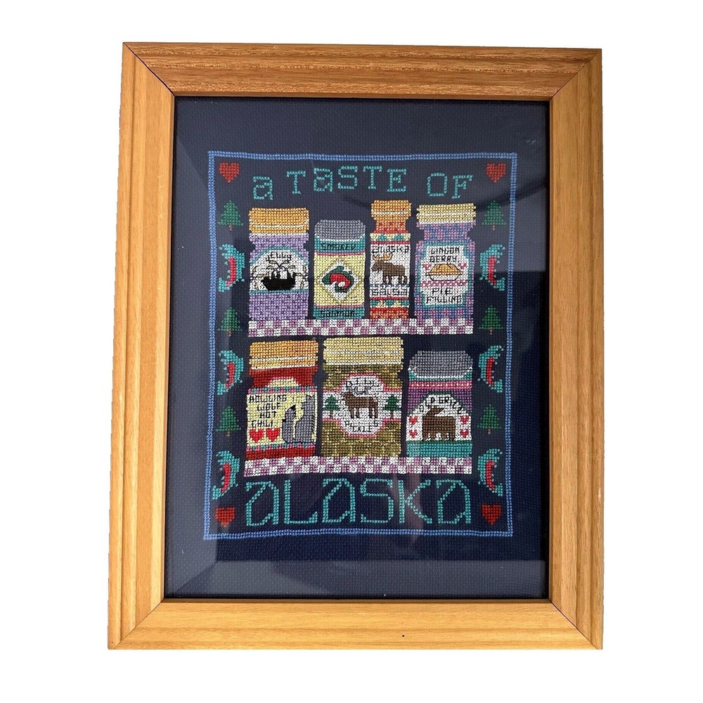 VTG A Taste of Alaska Framed Cross Stitch Wall Art Handmade Cabin Decor 15x12